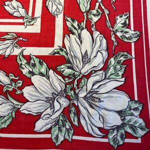Vintage Harmony House Sears Roebuck Red with White Magnolia Cotton Tablecloth